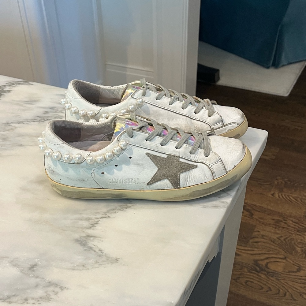 Golden Goose White Sneakers with Gray Star and Pearl Trim